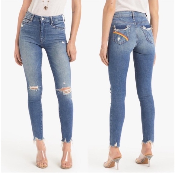 MOTHER High Waisted Looker Ankle Chew Rainbow Jeans in Learning To Hula Size 24 - Picture 1 of 14
